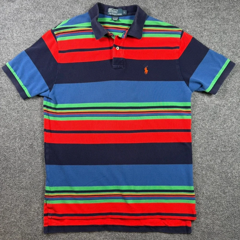 Polo Ralph Lauren Polo Shirt Mens L Multi Color Striped Short Sleeve Cotton